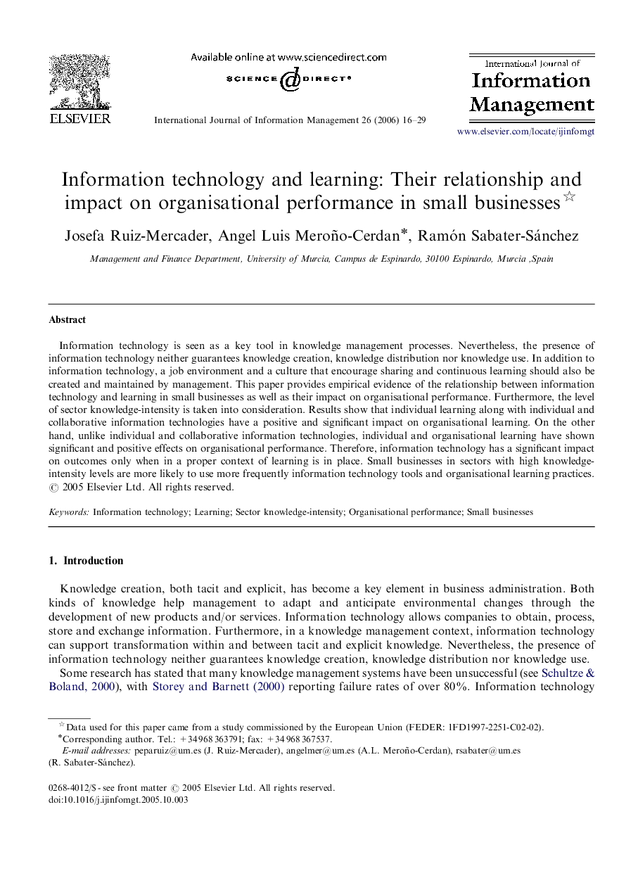 Information technology and learning: Their relationship and impact on organisational performance in small businesses 