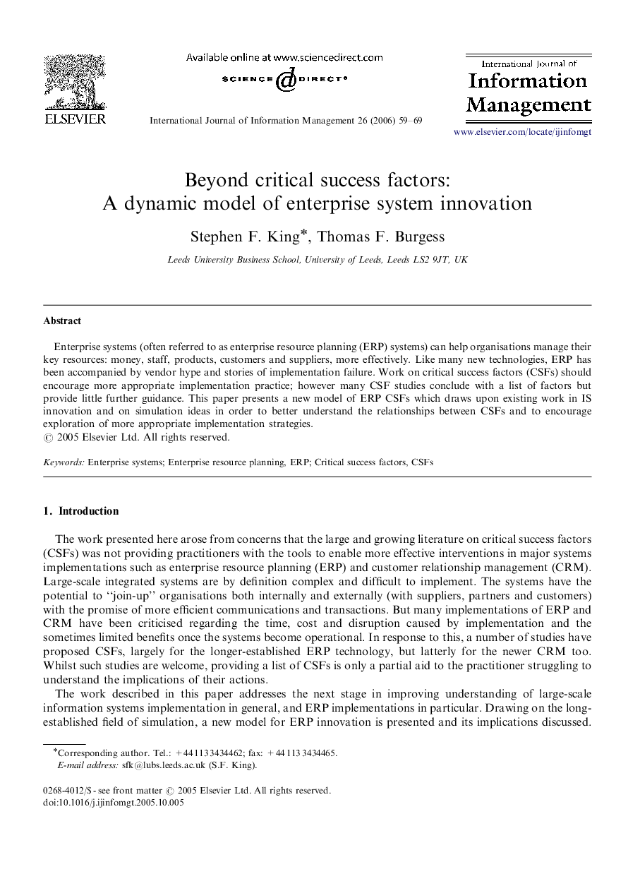 Beyond critical success factors: A dynamic model of enterprise system innovation