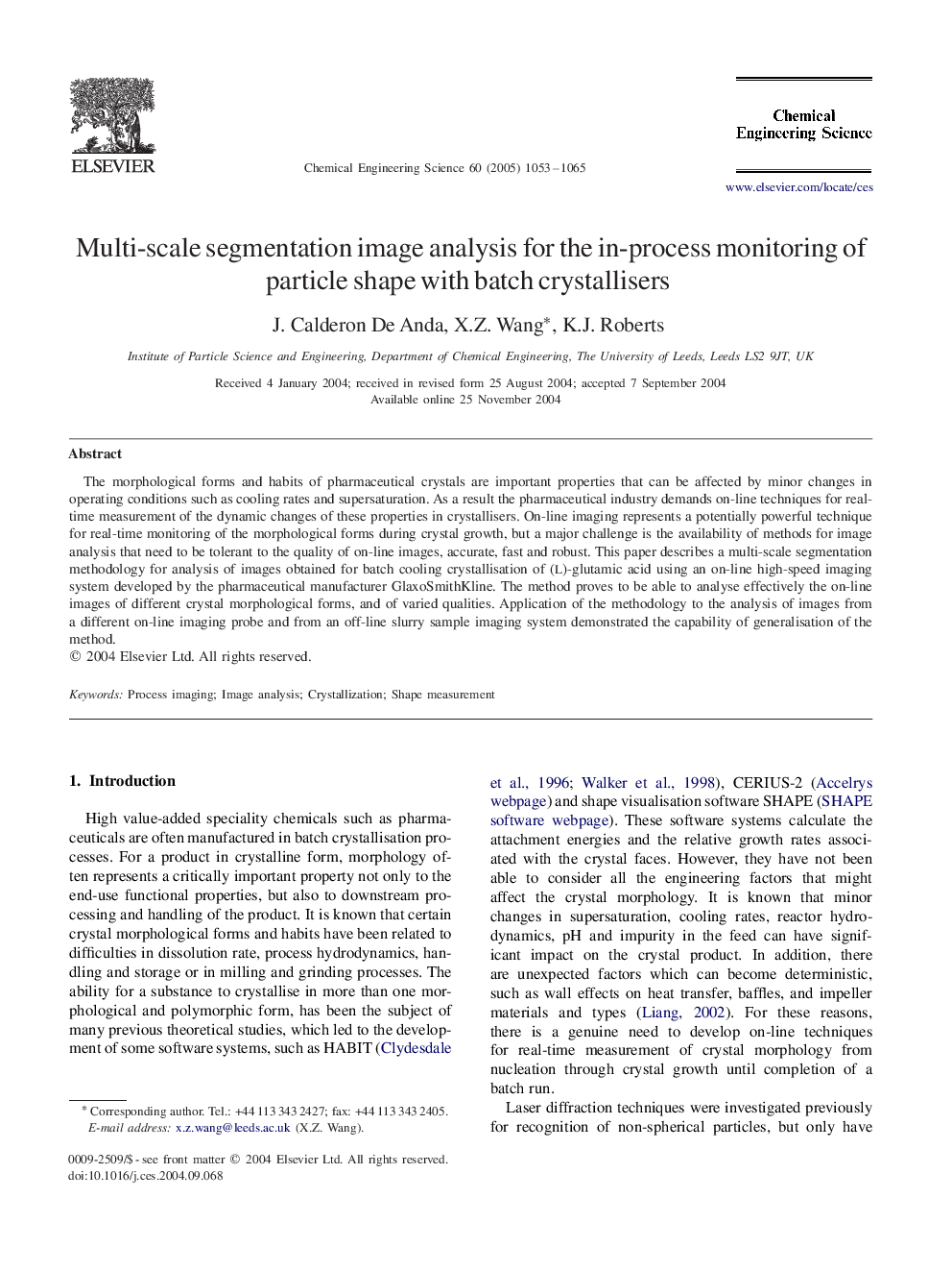 Multi-scale segmentation image analysis for the in-process monitoring of particle shape with batch crystallisers