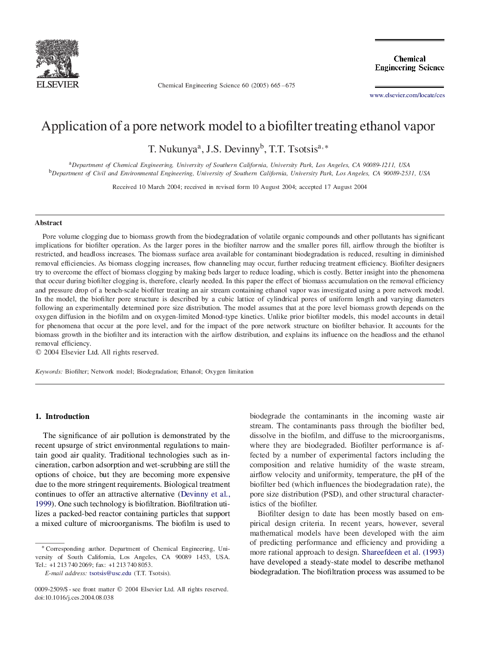 Application of a pore network model to a biofilter treating ethanol vapor