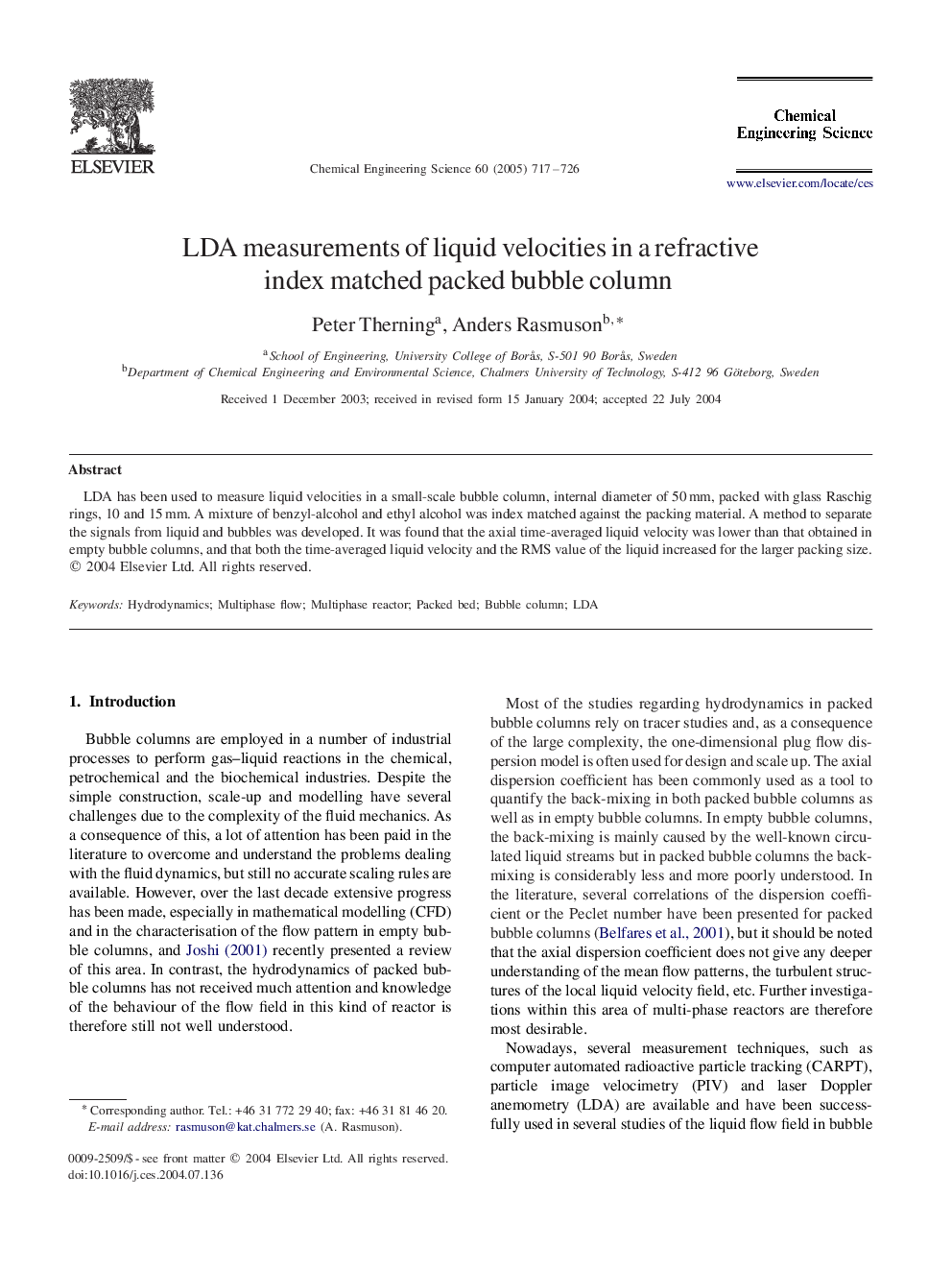 LDA measurements of liquid velocities in a refractive index matched packed bubble column