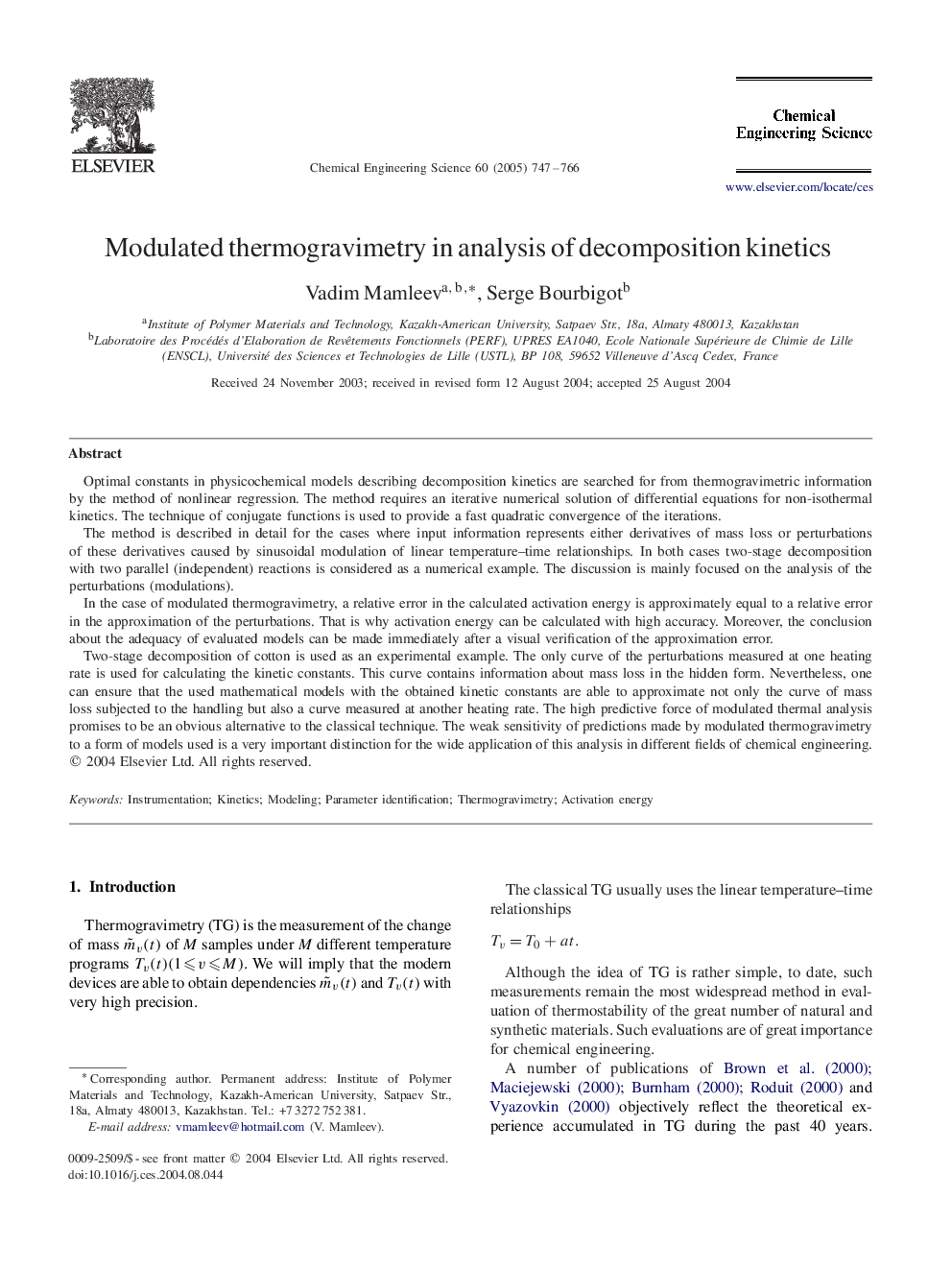 Modulated thermogravimetry in analysis of decomposition kinetics