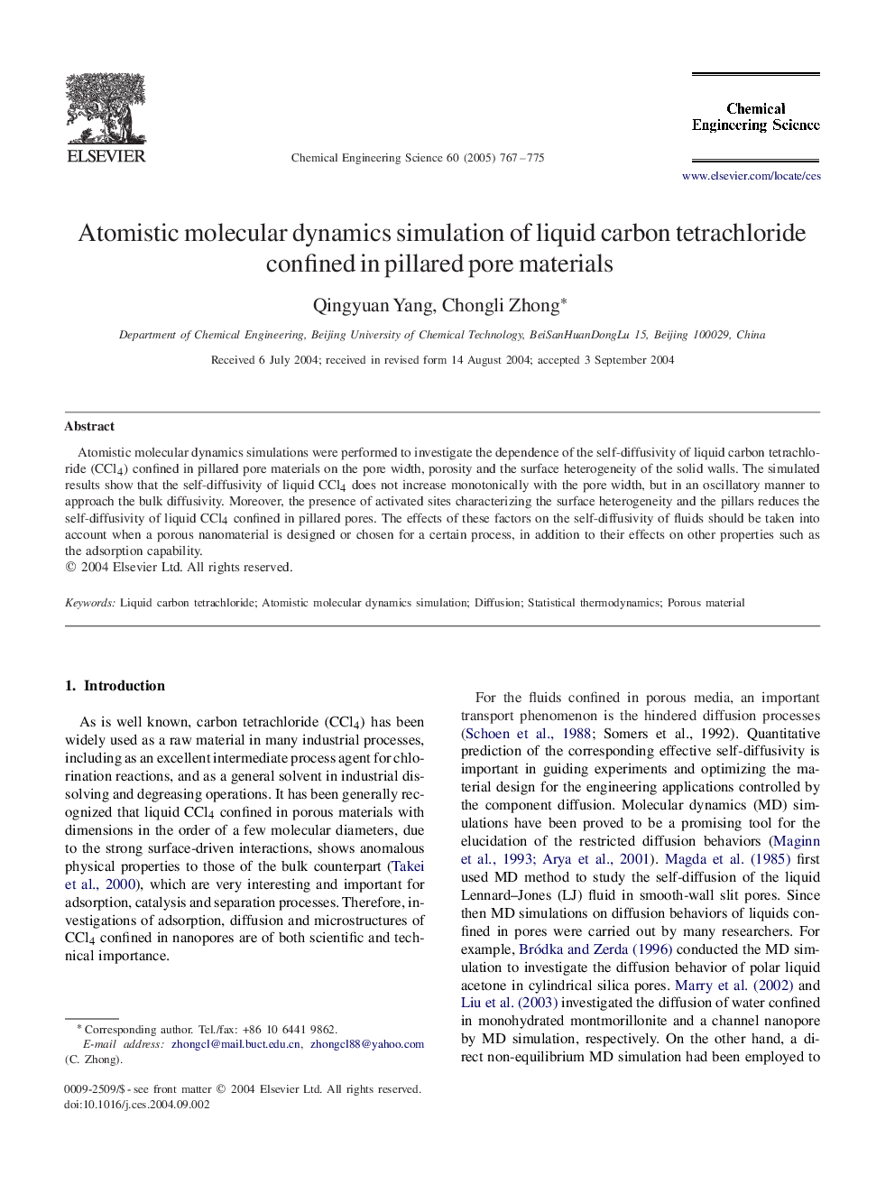 Atomistic molecular dynamics simulation of liquid carbon tetrachloride confined in pillared pore materials