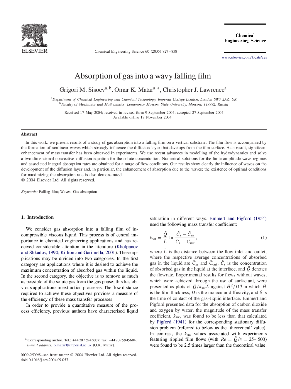 Absorption of gas into a wavy falling film