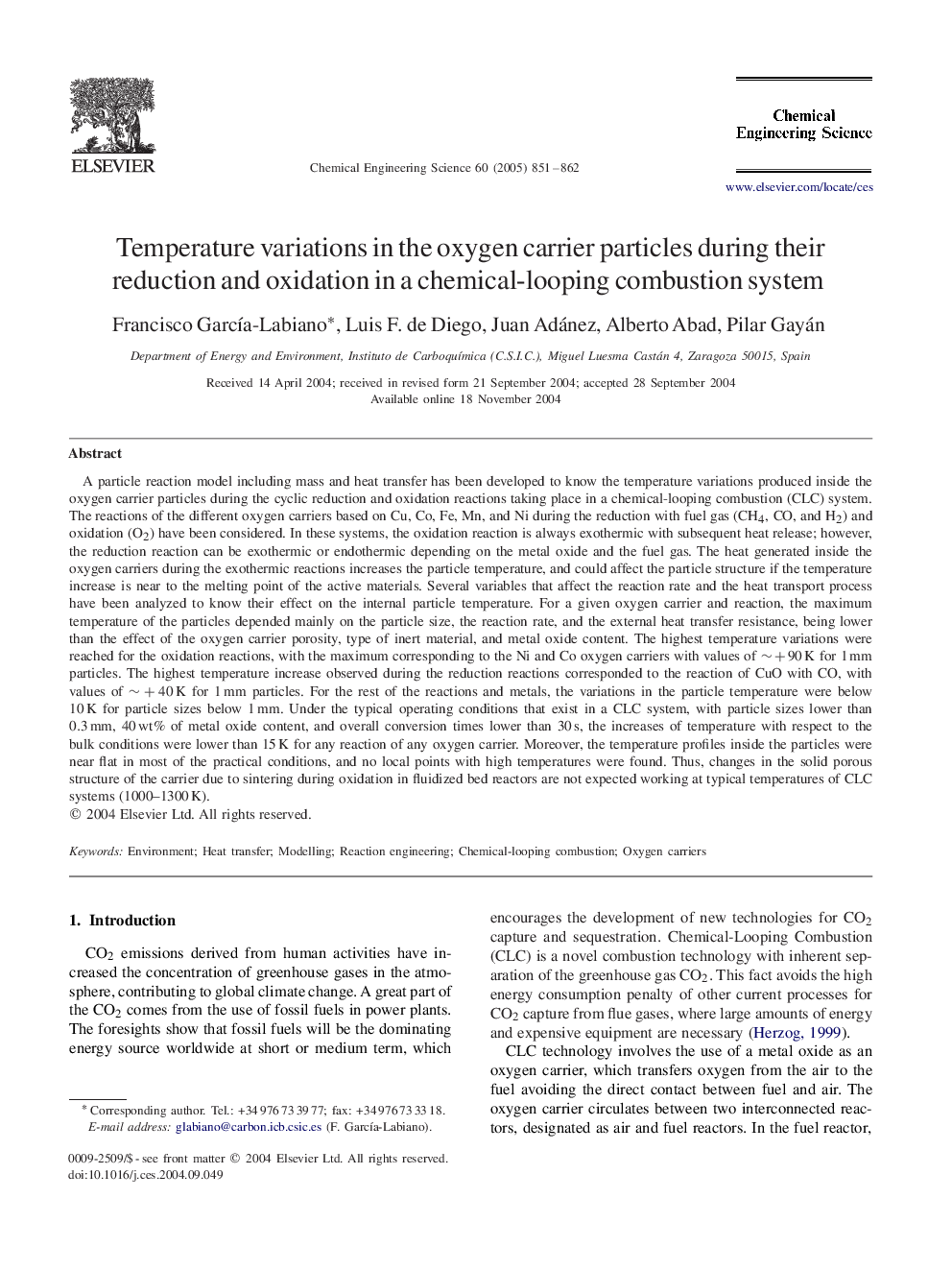 Temperature variations in the oxygen carrier particles during their reduction and oxidation in a chemical-looping combustion system