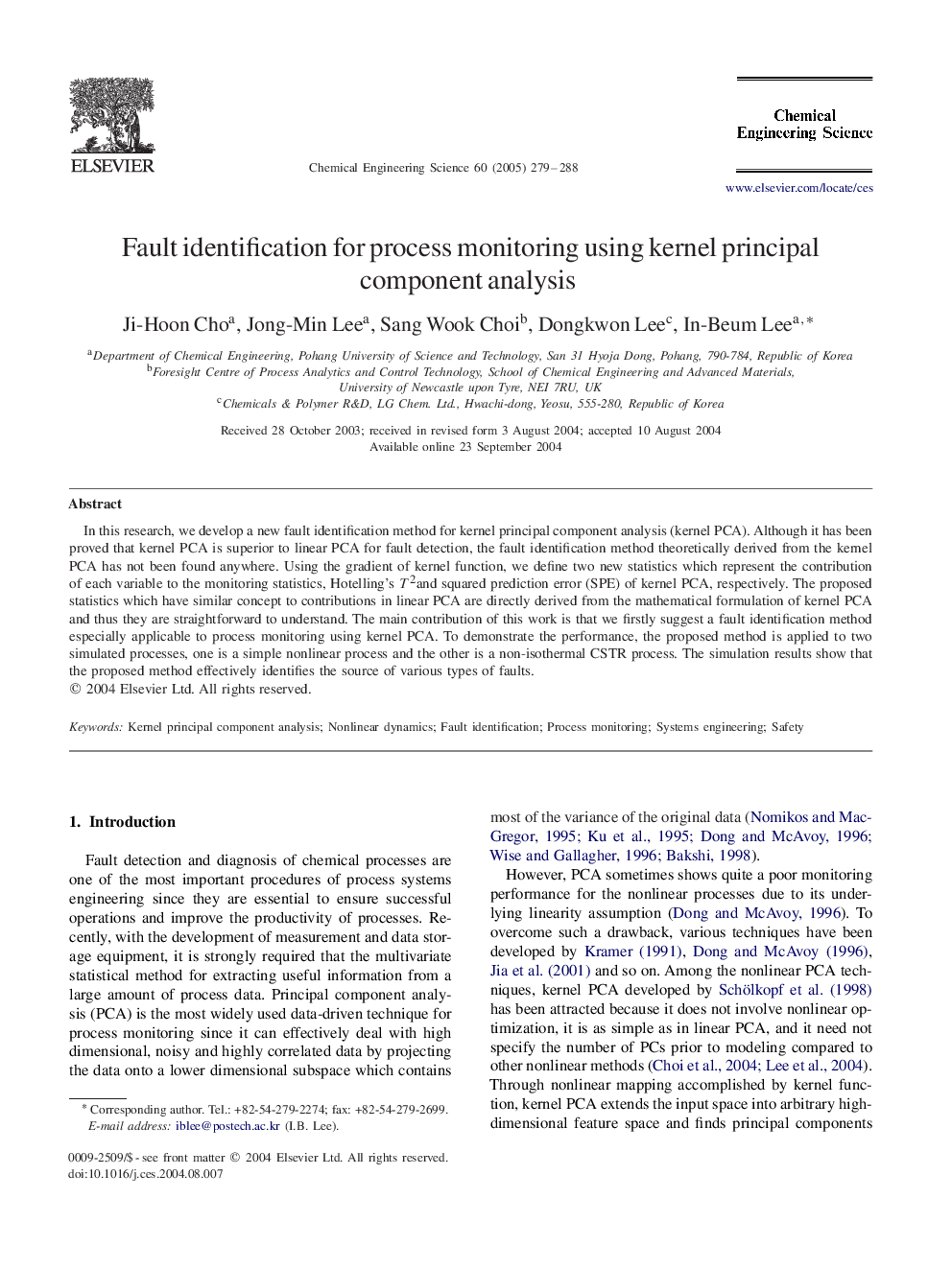 Fault identification for process monitoring using kernel principal component analysis