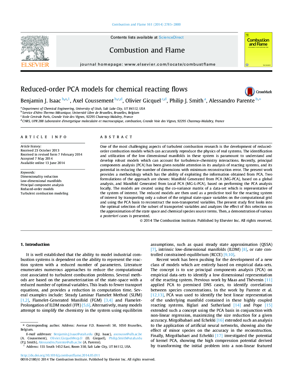 Reduced-order PCA models for chemical reacting flows