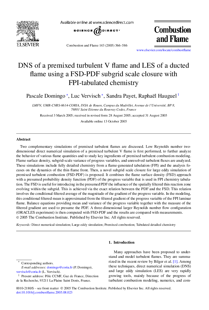 DNS of a premixed turbulent V flame and LES of a ducted flame using a FSD-PDF subgrid scale closure with FPI-tabulated chemistry