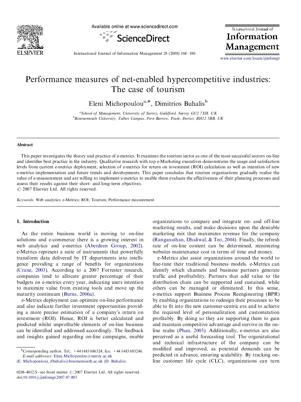 Performance measures of net-enabled hypercompetitive industries: The case of tourism