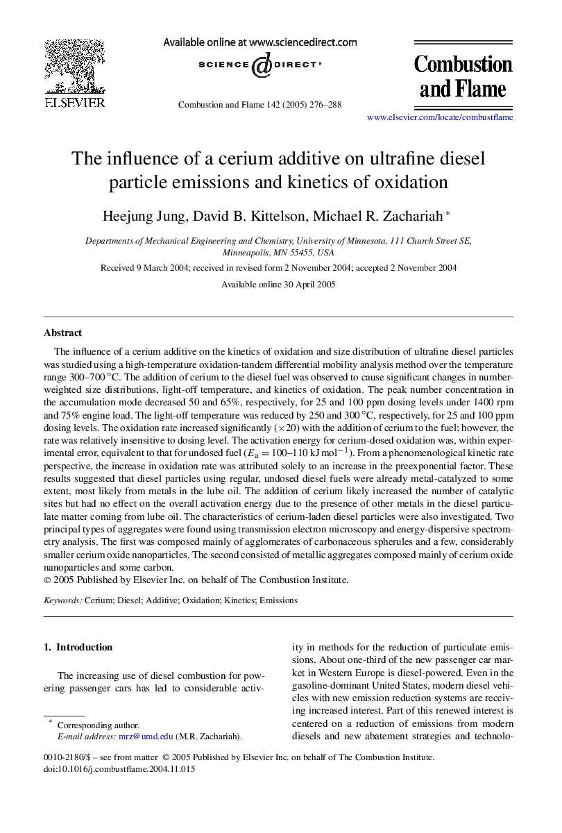 The influence of a cerium additive on ultrafine diesel particle emissions and kinetics of oxidation