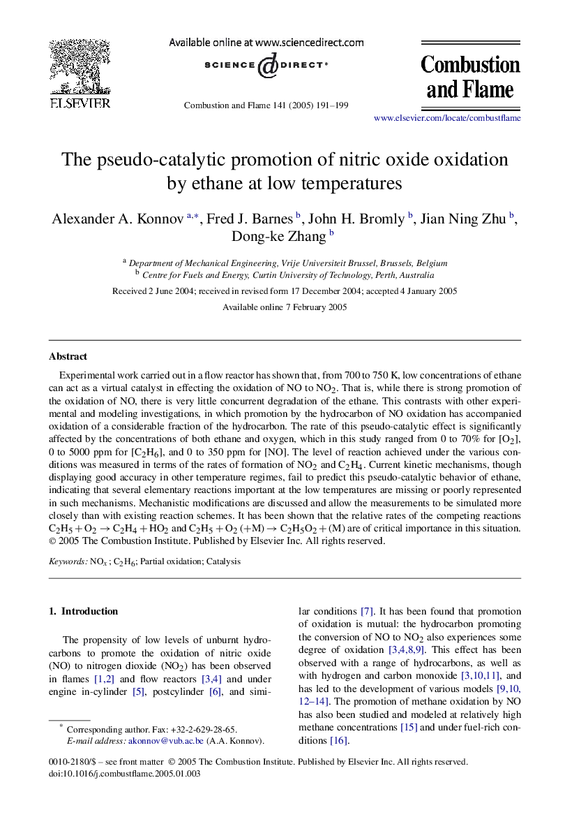 The pseudo-catalytic promotion of nitric oxide oxidation by ethane at low temperatures