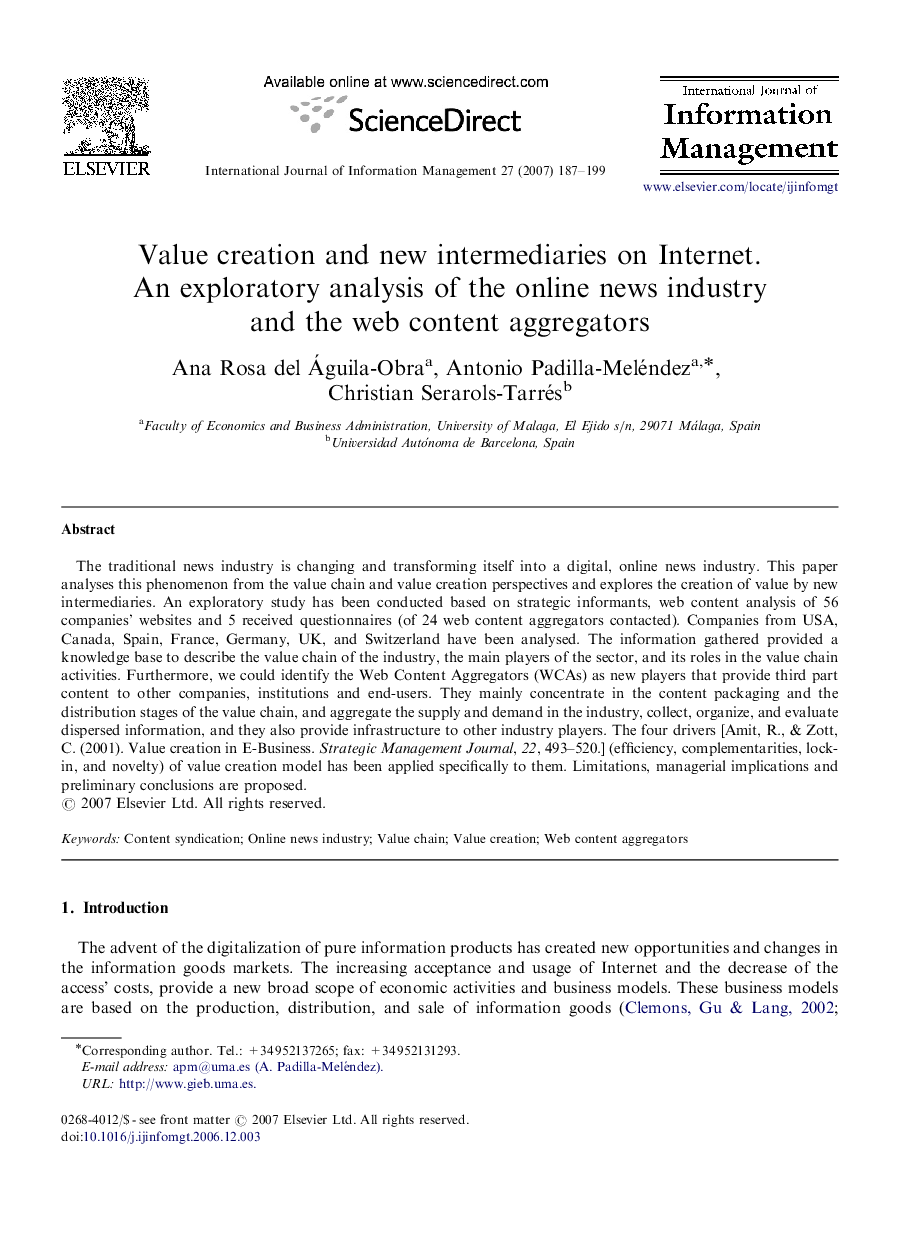 Value creation and new intermediaries on Internet. An exploratory analysis of the online news industry and the web content aggregators