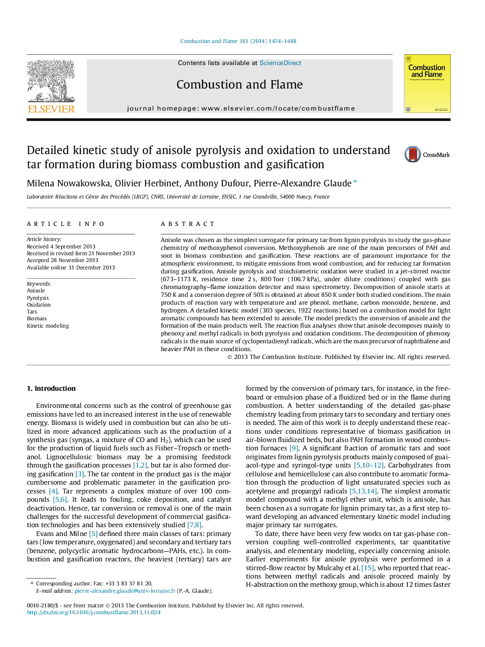 Detailed kinetic study of anisole pyrolysis and oxidation to understand tar formation during biomass combustion and gasification