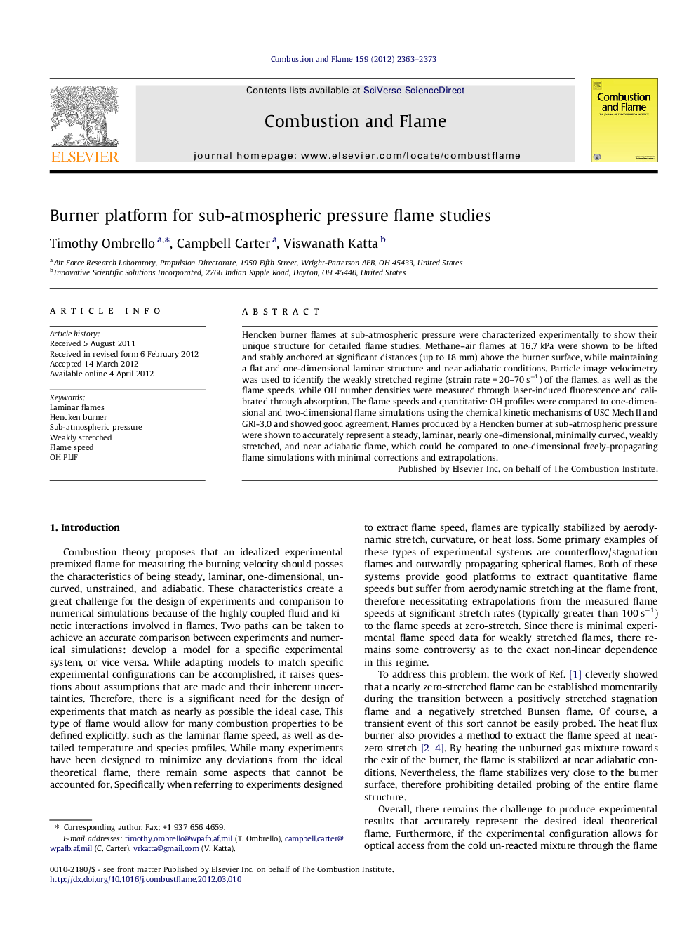 Burner platform for sub-atmospheric pressure flame studies