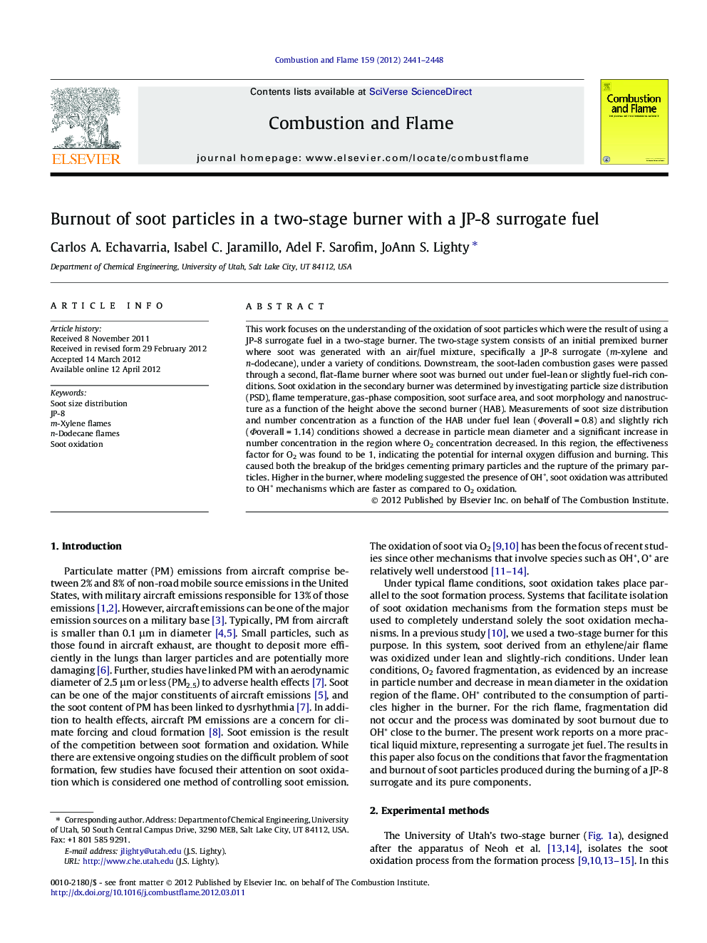 Burnout of soot particles in a two-stage burner with a JP-8 surrogate fuel