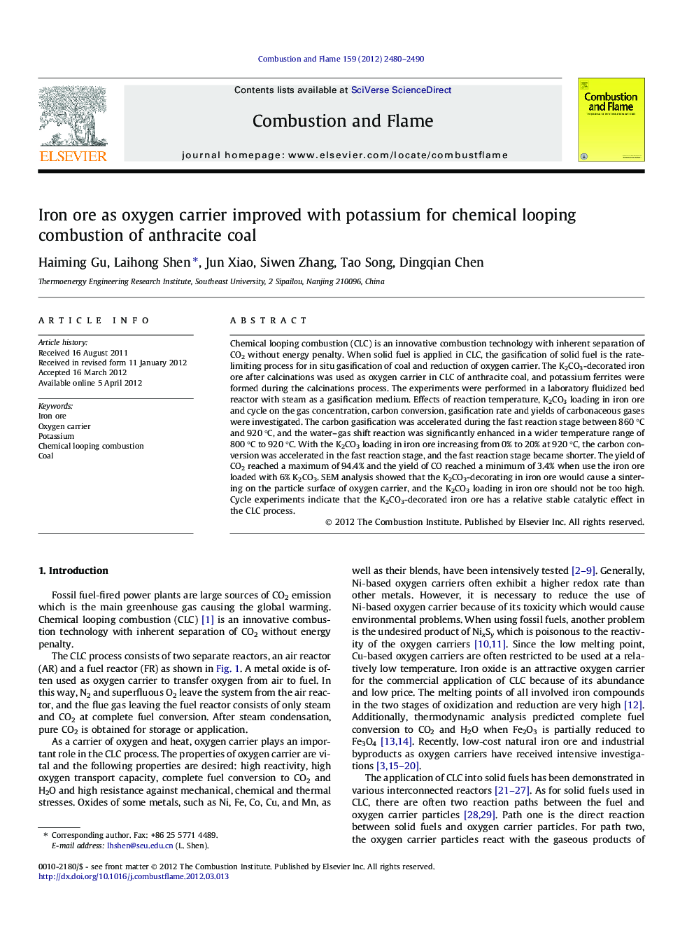 Iron ore as oxygen carrier improved with potassium for chemical looping combustion of anthracite coal