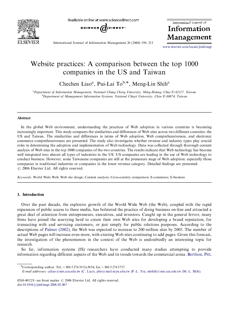 Website practices: A comparison between the top 1000 companies in the US and Taiwan