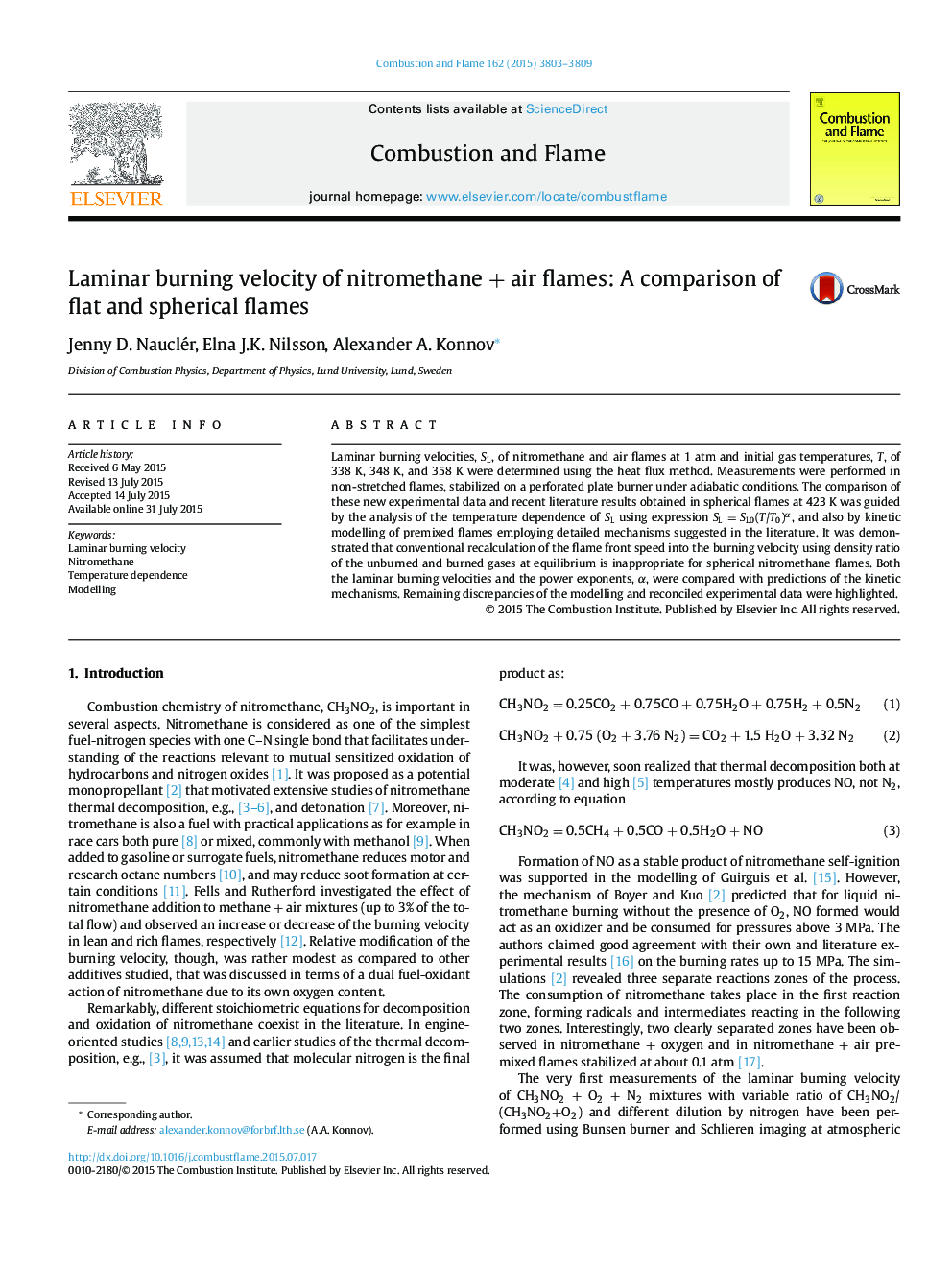 Laminar burning velocity of nitromethaneÂ +Â air flames: A comparison of flat and spherical flames