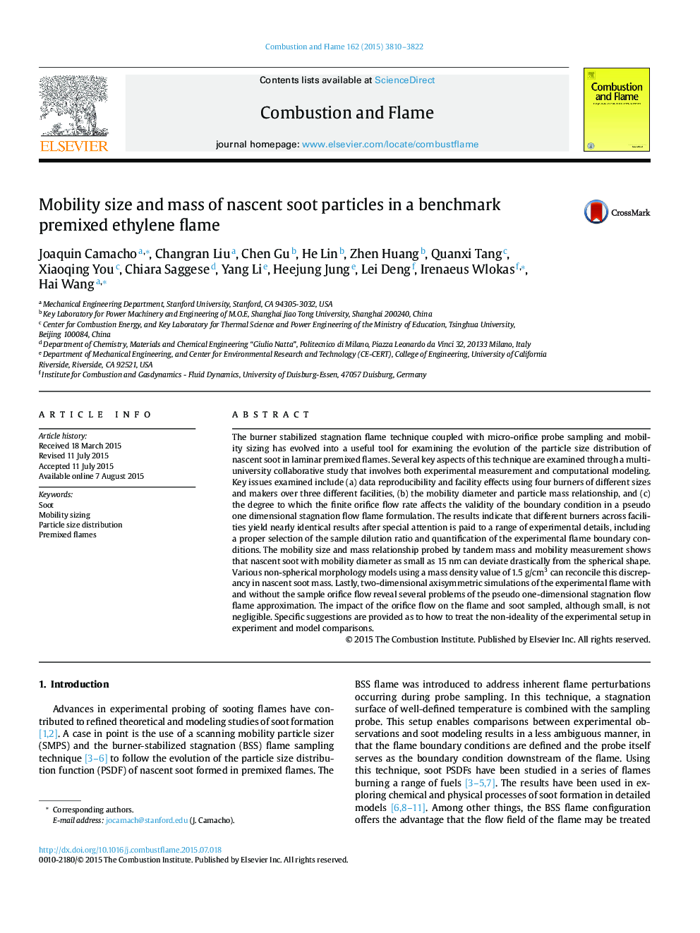 Mobility size and mass of nascent soot particles in a benchmark premixed ethylene flame