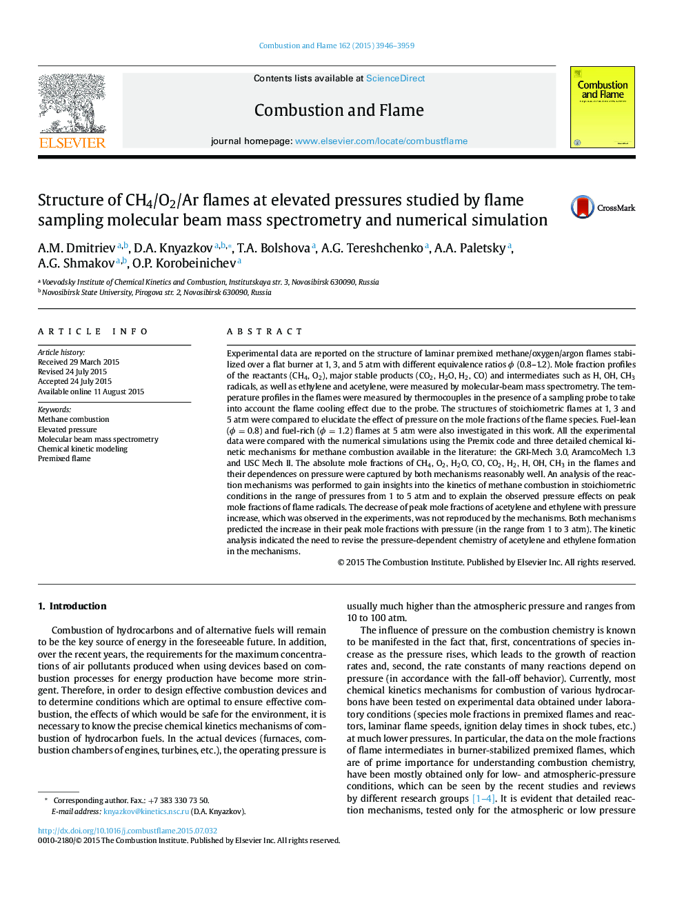 Structure of CH4/O2/Ar flames at elevated pressures studied by flame sampling molecular beam mass spectrometry and numerical simulation