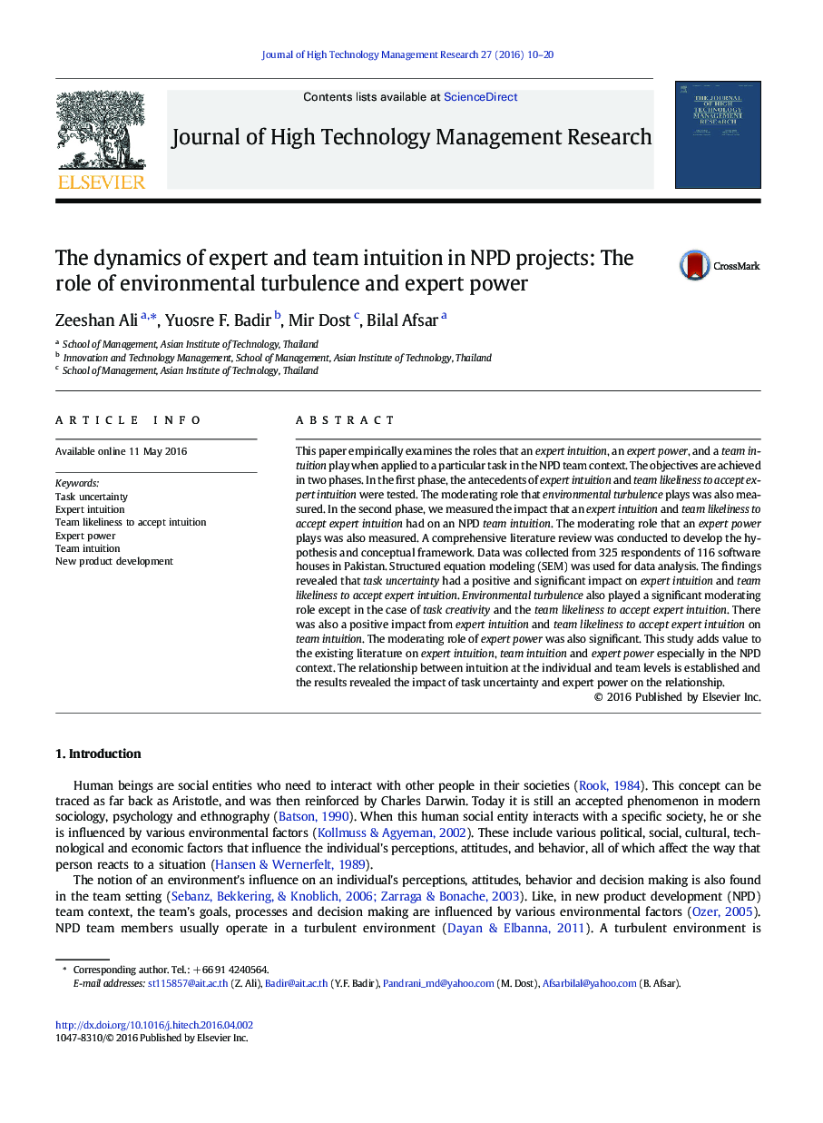 The dynamics of expert and team intuition in NPD projects: The role of environmental turbulence and expert power