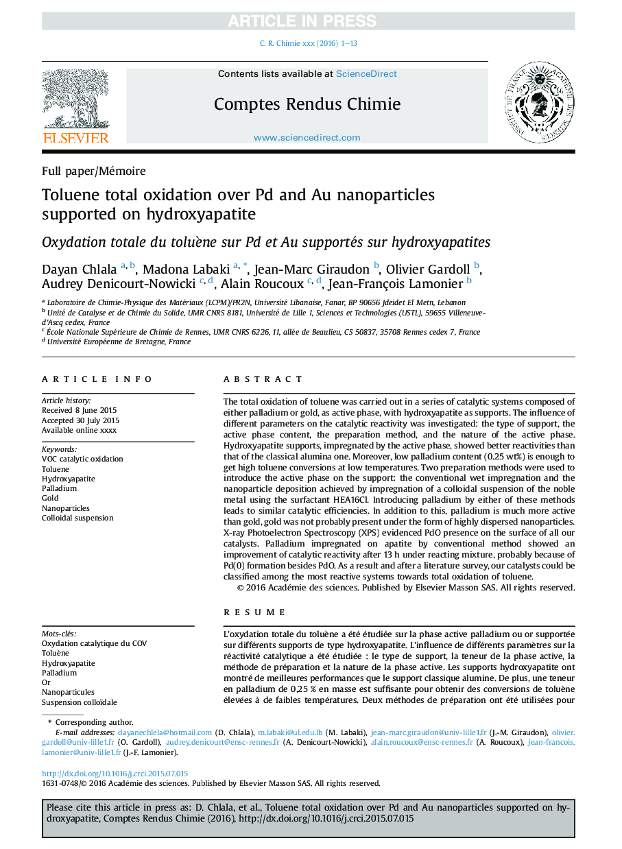 Toluene total oxidation over Pd and Au nanoparticles supported on hydroxyapatite