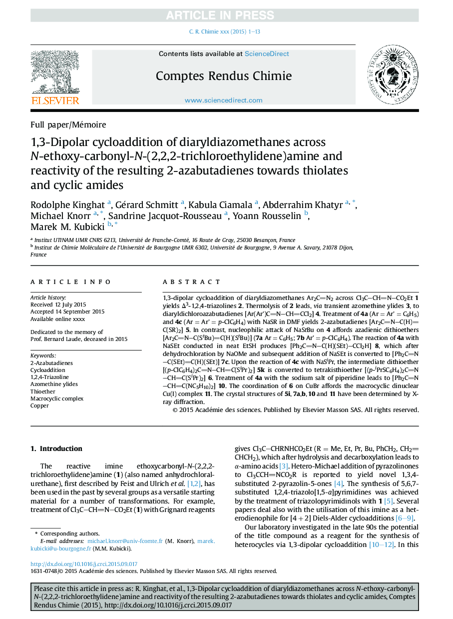 1,3-Dipolar cycloaddition of diaryldiazomethanes across N-ethoxy-carbonyl-N-(2,2,2-trichloroethylidene)amine and reactivity of the resulting 2-azabutadienes towards thiolates and cyclic amides