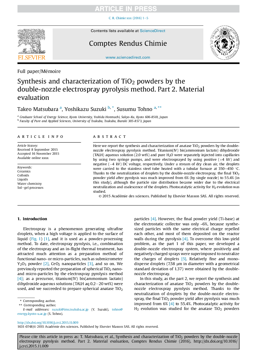 Synthesis and characterization of TiO2 powders by the double-nozzle electrospray pyrolysis method. Part 2. Material evaluation