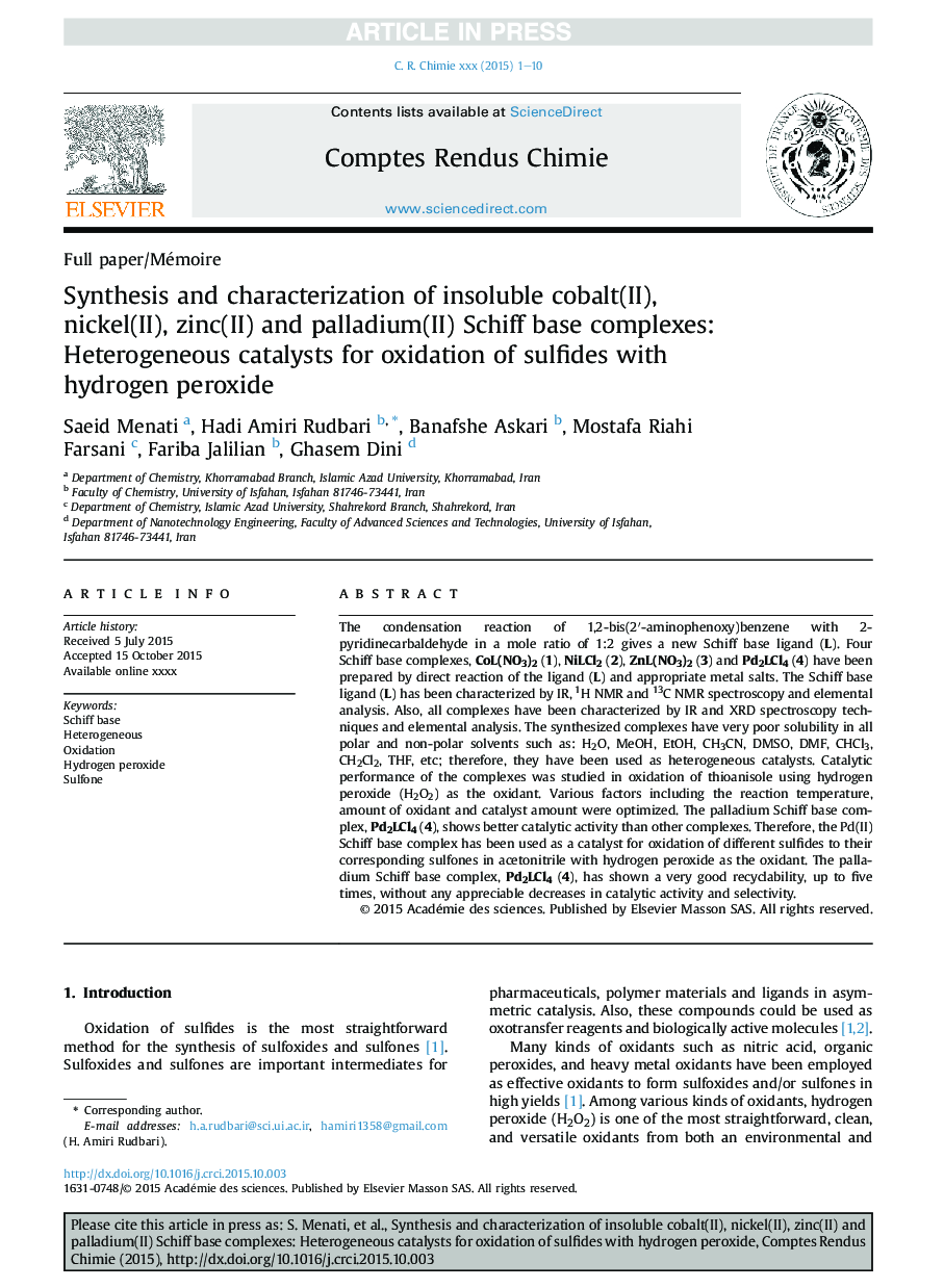 Synthesis and characterization of insoluble cobalt(II), nickel(II), zinc(II) and palladium(II) Schiff base complexes: Heterogeneous catalysts for oxidation of sulfides with hydrogen peroxide