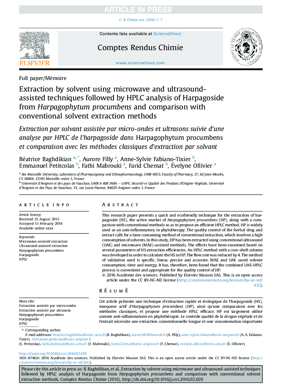 Extraction by solvent using microwave and ultrasound-assisted techniques followed by HPLC analysis of Harpagoside from Harpagophytum procumbens and comparison with conventional solvent extraction methods