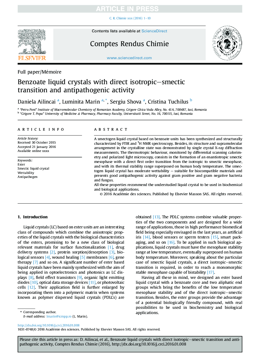 Benzoate liquid crystals with direct isotropic-smectic transition and antipathogenic activity