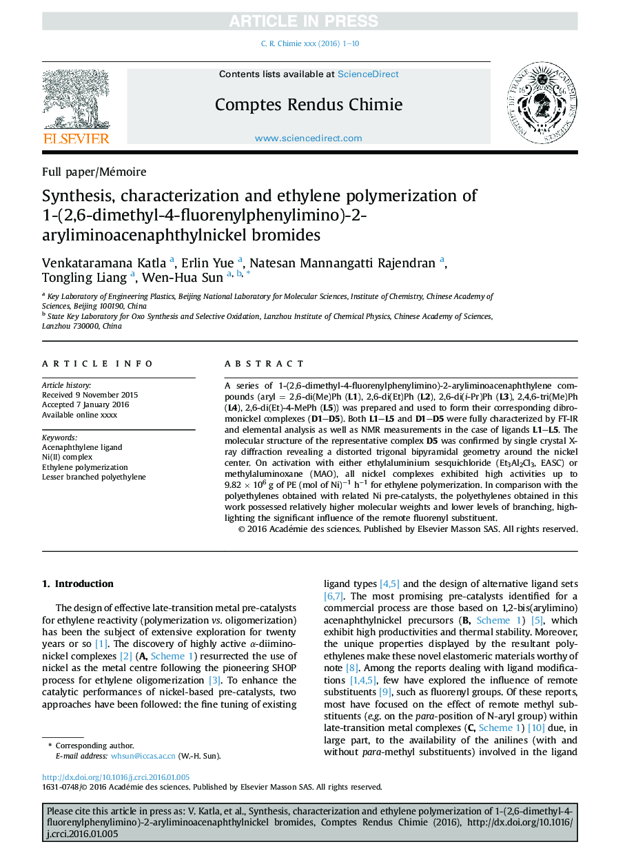 Synthesis, characterization and ethylene polymerization of 1-(2,6-dimethyl-4-fluorenylphenylimino)-2-aryliminoacenaphthylnickel bromides