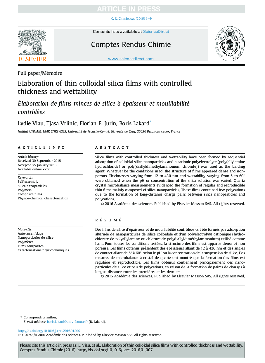 Elaboration of thin colloidal silica films with controlled thickness and wettability