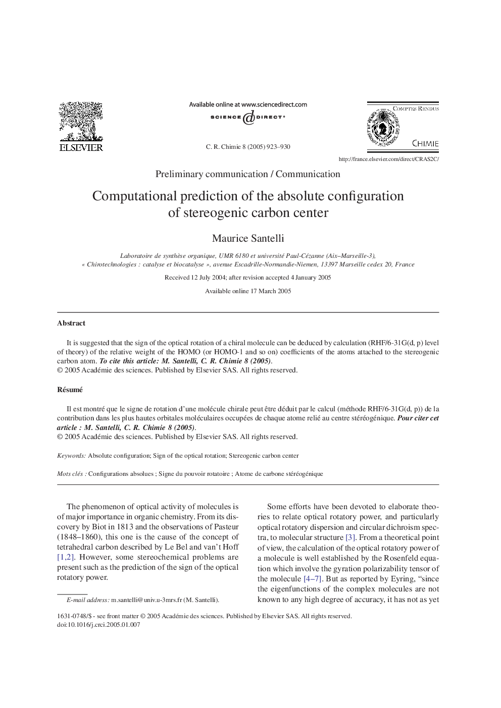 Computational prediction of the absolute configuration of stereogenic carbon center