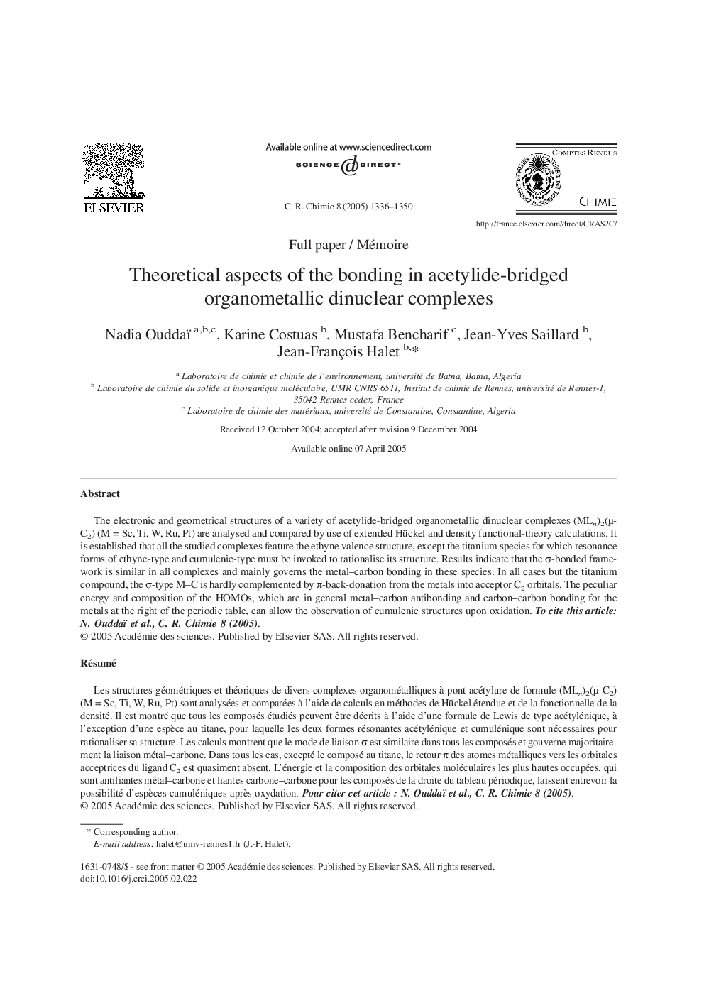 Theoretical aspects of the bonding in acetylide-bridged organometallic dinuclear complexes