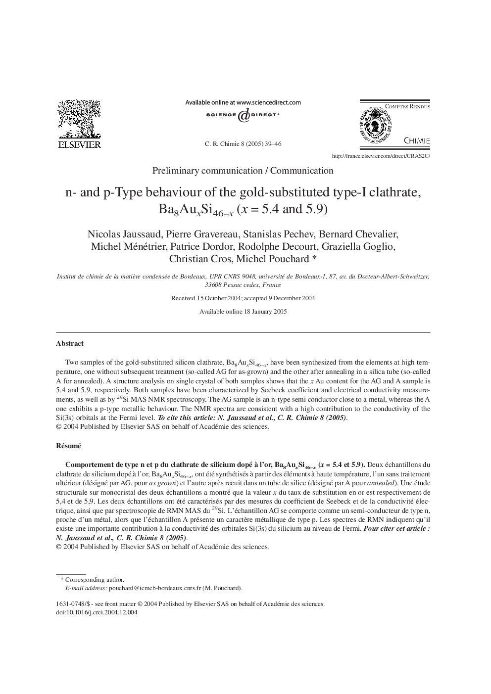 n- and p-Type behaviour of the gold-substituted type-I clathrate, Ba8AuxSi46-x (xÂ =Â 5.4 and 5.9)