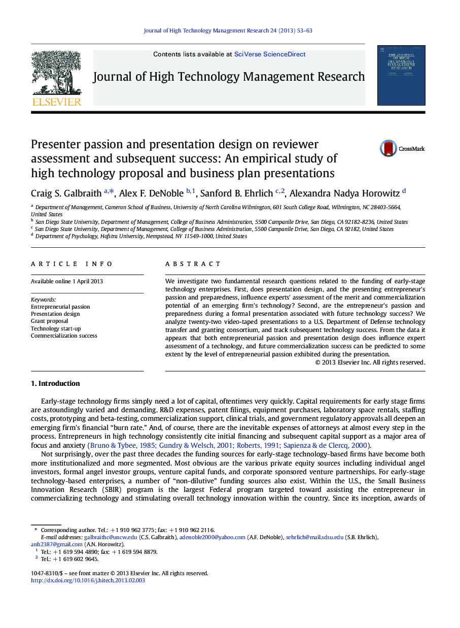 Presenter passion and presentation design on reviewer assessment and subsequent success: An empirical study of high technology proposal and business plan presentations