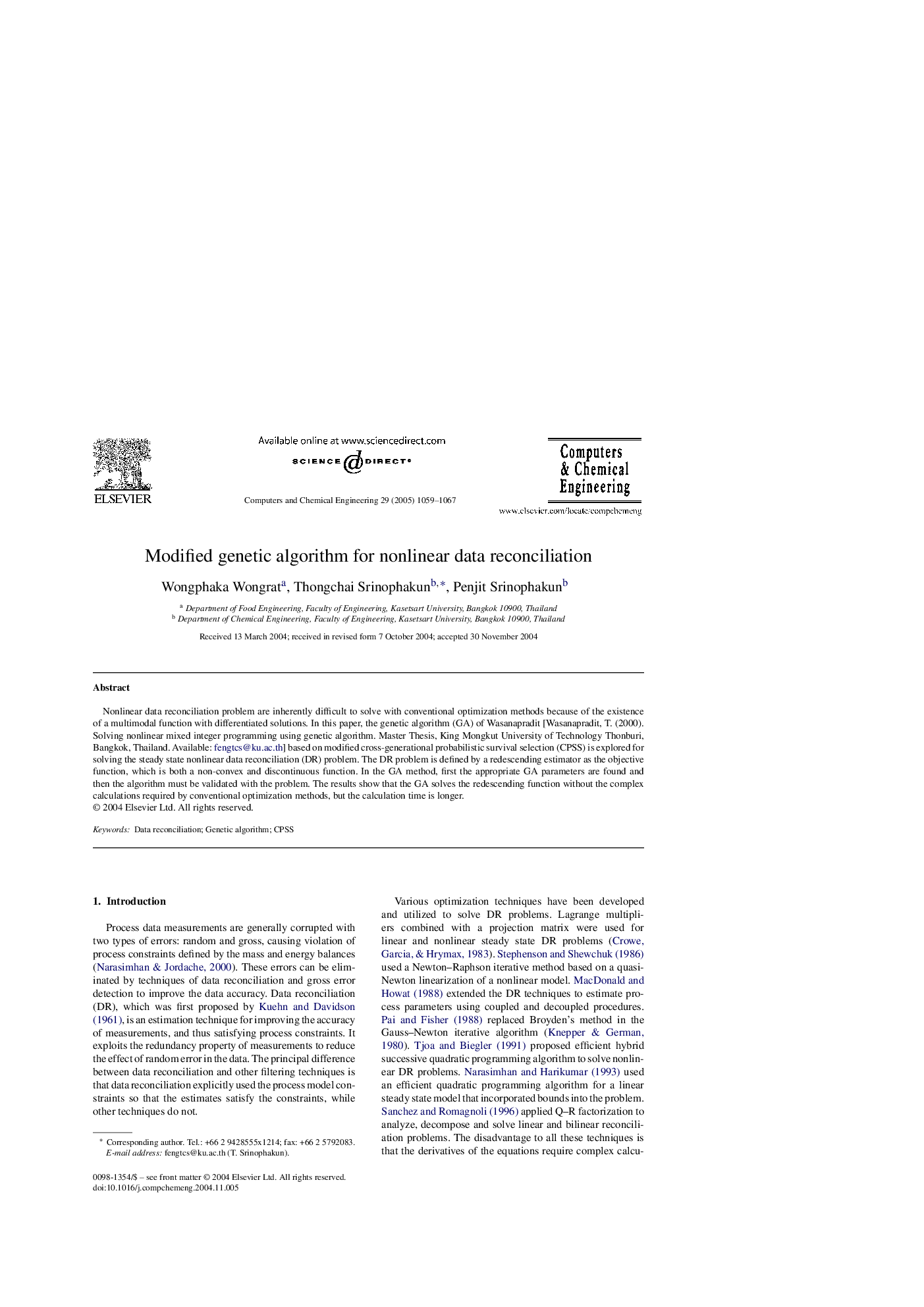 Modified genetic algorithm for nonlinear data reconciliation