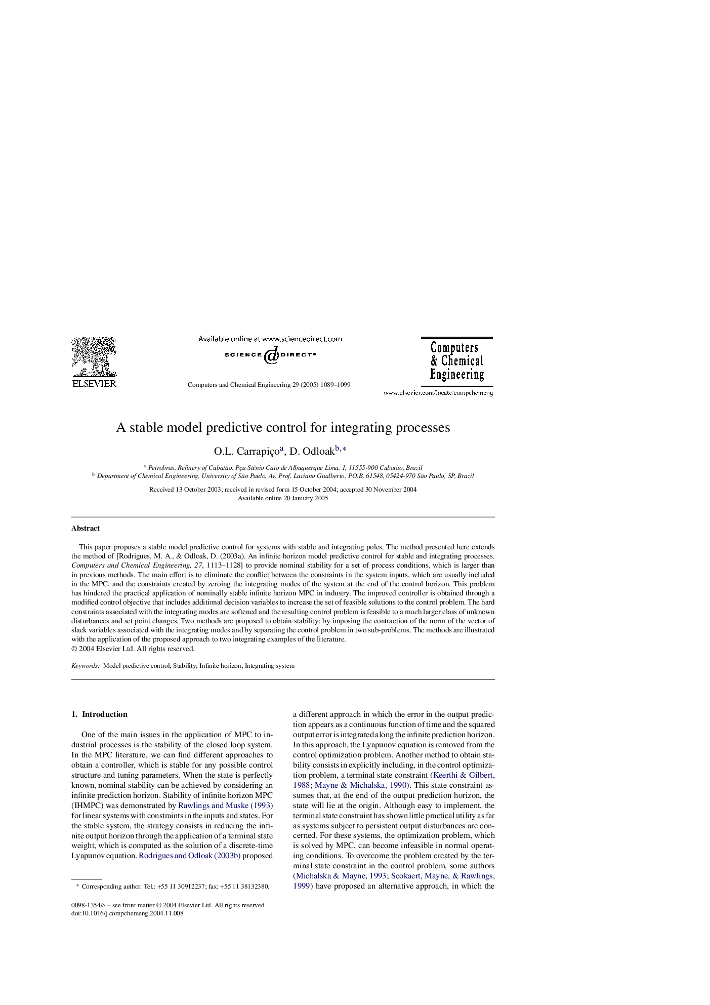 A stable model predictive control for integrating processes