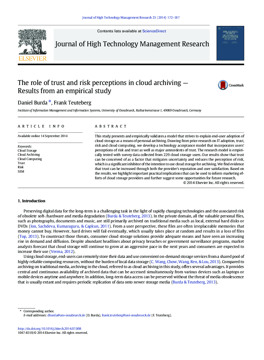 The role of trust and risk perceptions in cloud archiving — Results from an empirical study