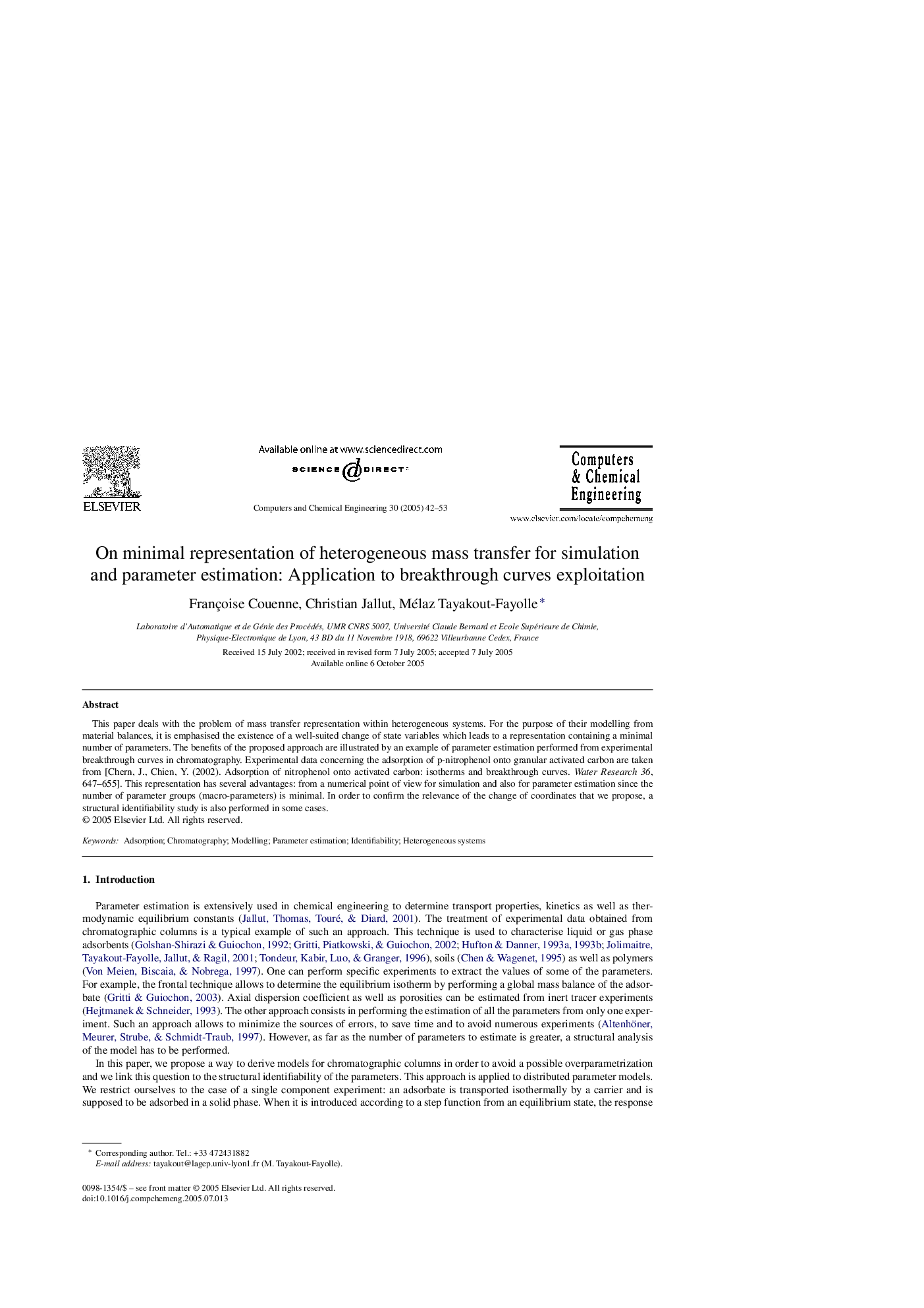 On minimal representation of heterogeneous mass transfer for simulation and parameter estimation: Application to breakthrough curves exploitation