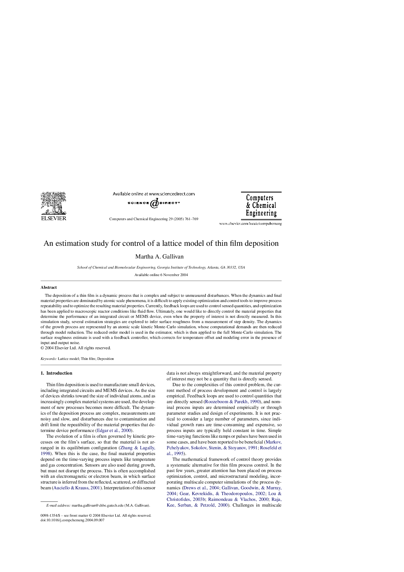 An estimation study for control of a lattice model of thin film deposition