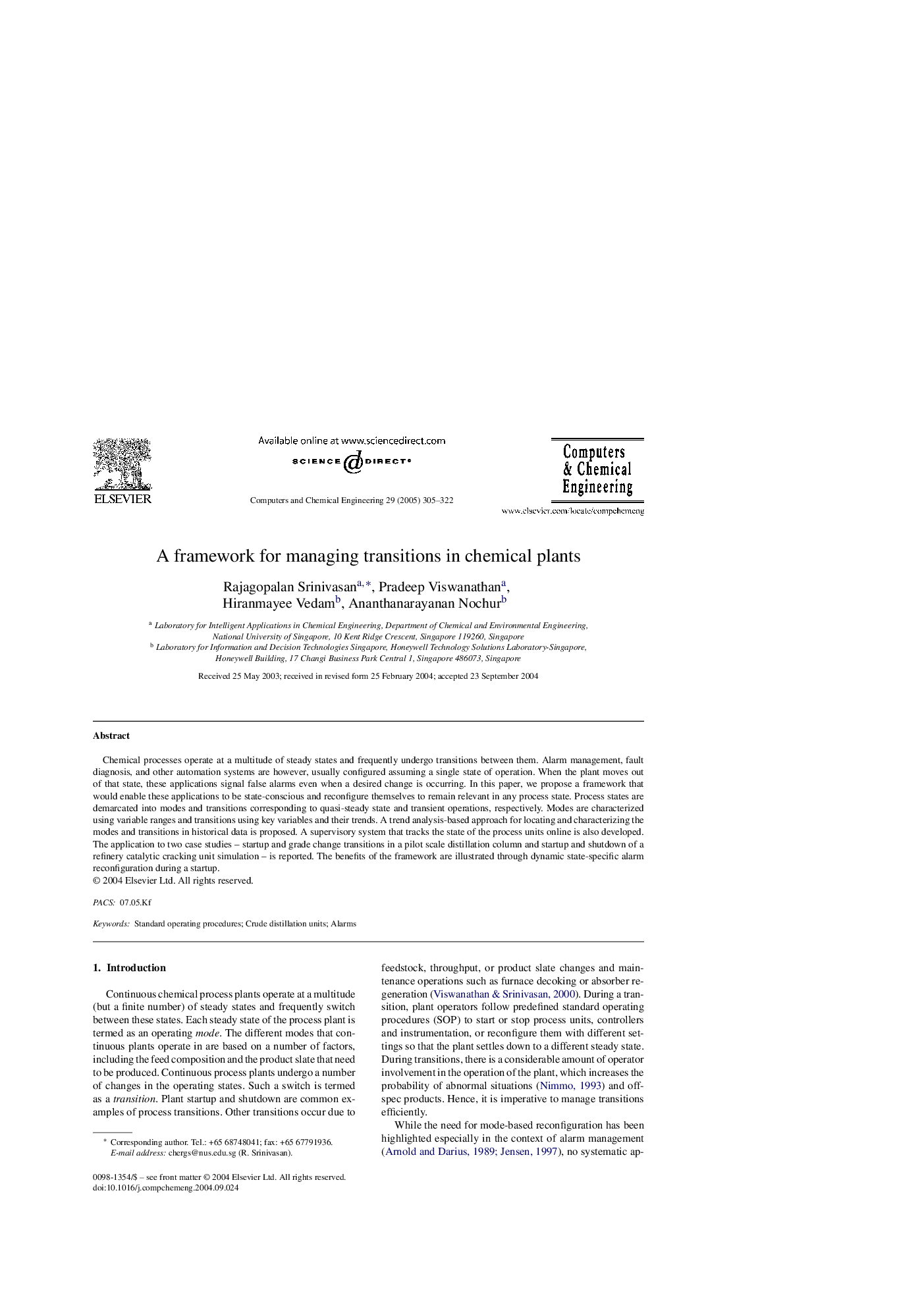 عکس صفحه اول مقاله: A framework for managing transitions in chemical plants A framework for managing transitions in chemical plants