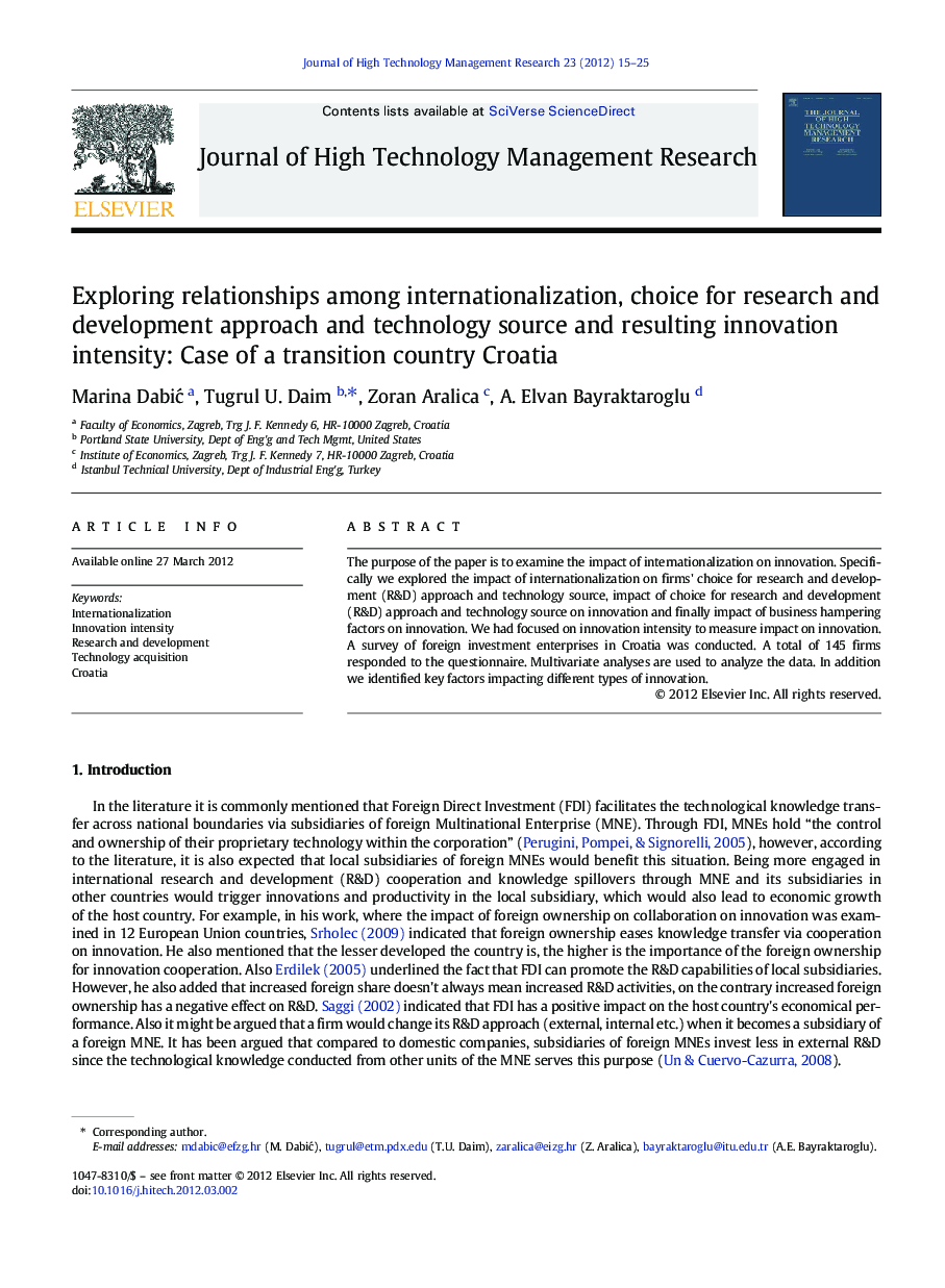 Exploring relationships among internationalization, choice for research and development approach and technology source and resulting innovation intensity: Case of a transition country Croatia