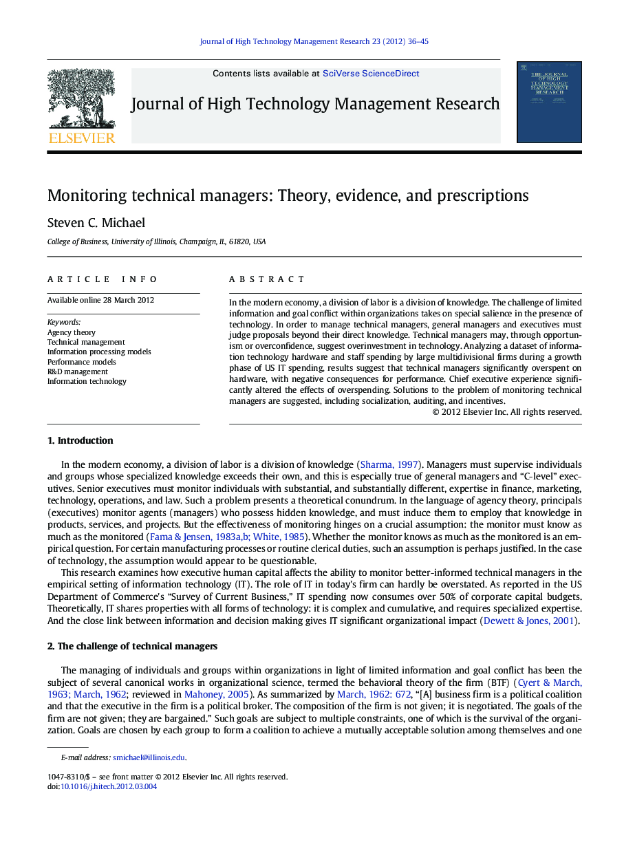 Monitoring technical managers: Theory, evidence, and prescriptions