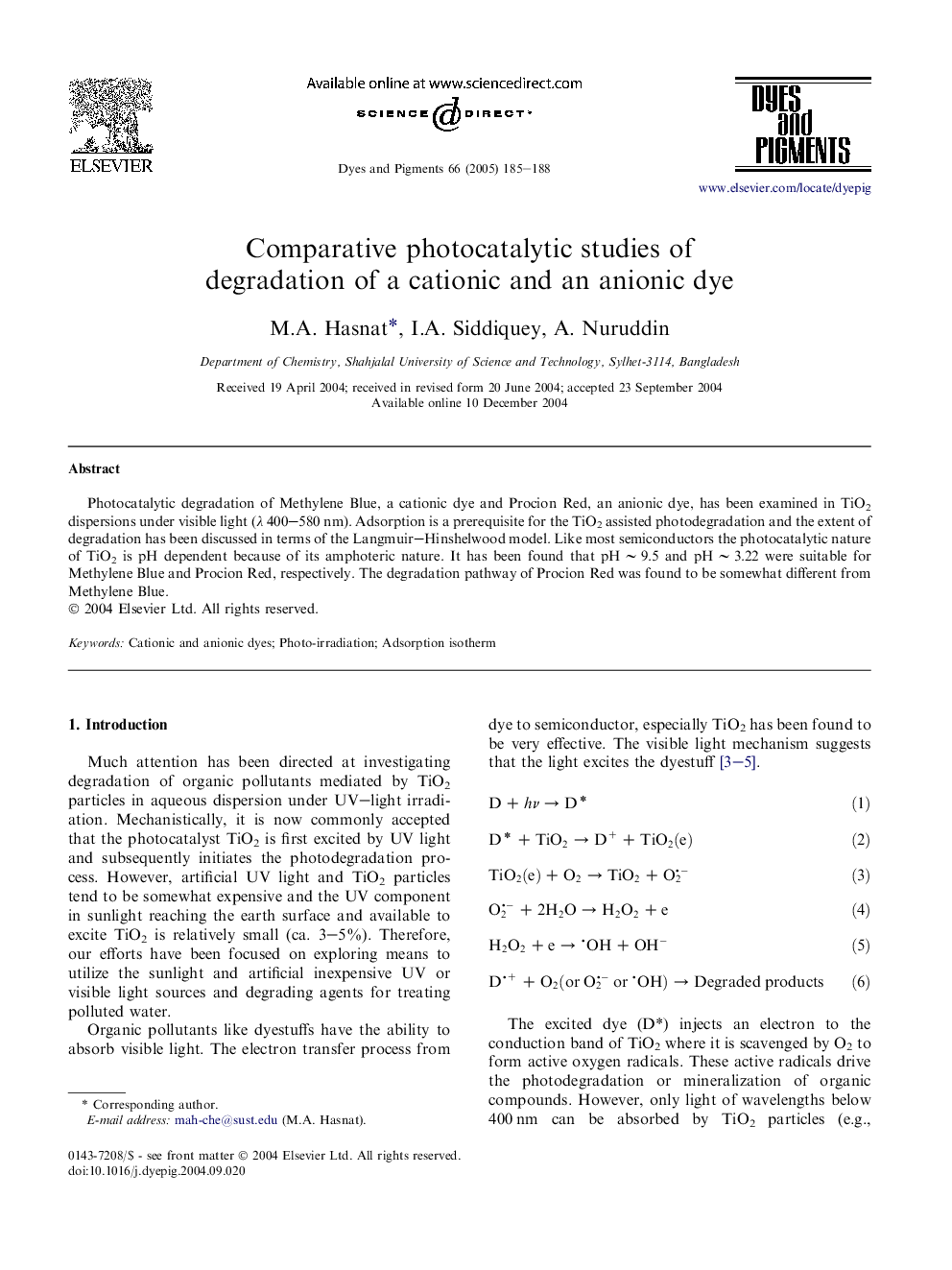 Comparative photocatalytic studies of degradation of a cationic and an anionic dye