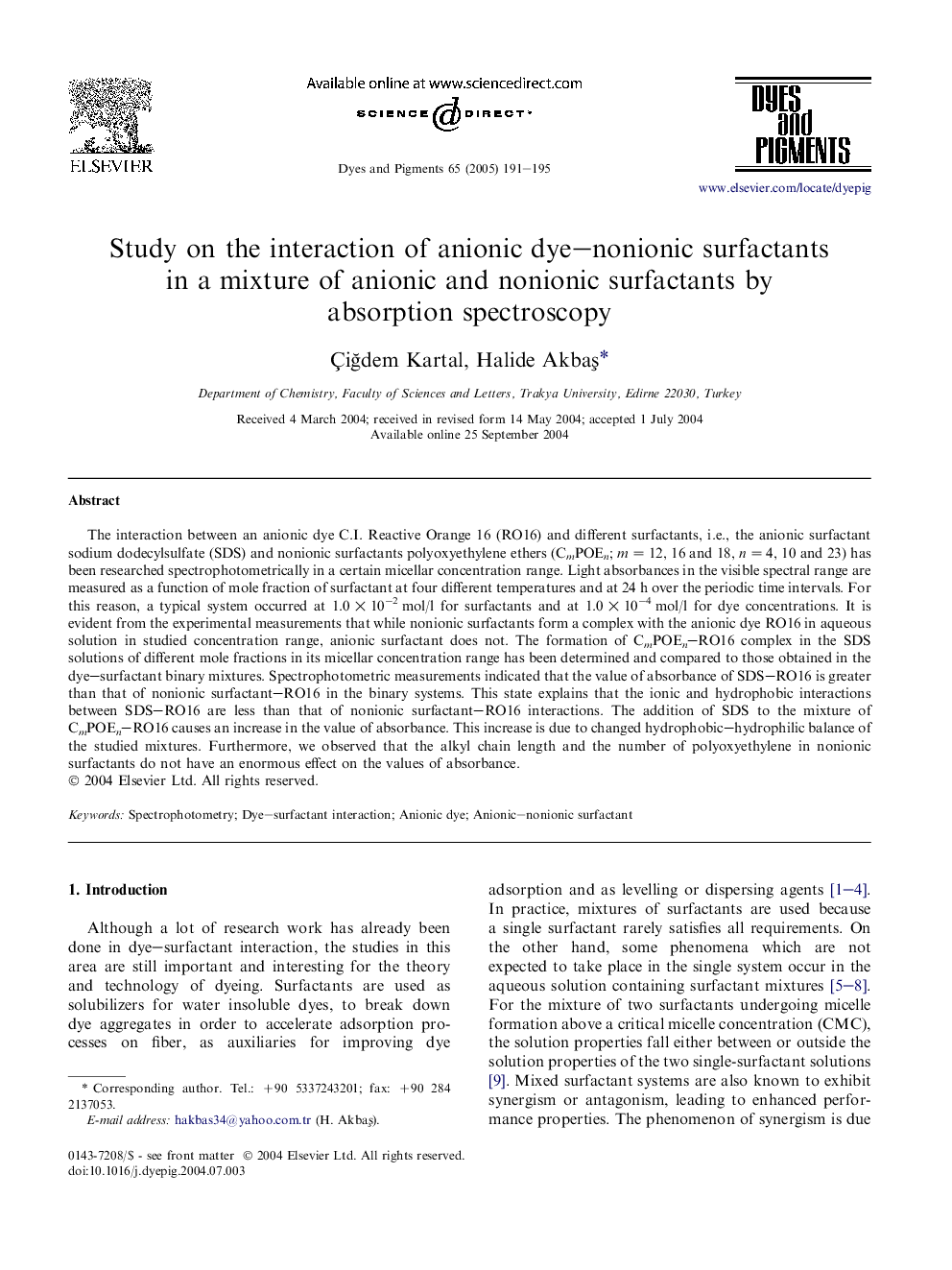 Study on the interaction of anionic dye-nonionic surfactants in a mixture of anionic and nonionic surfactants by absorption spectroscopy