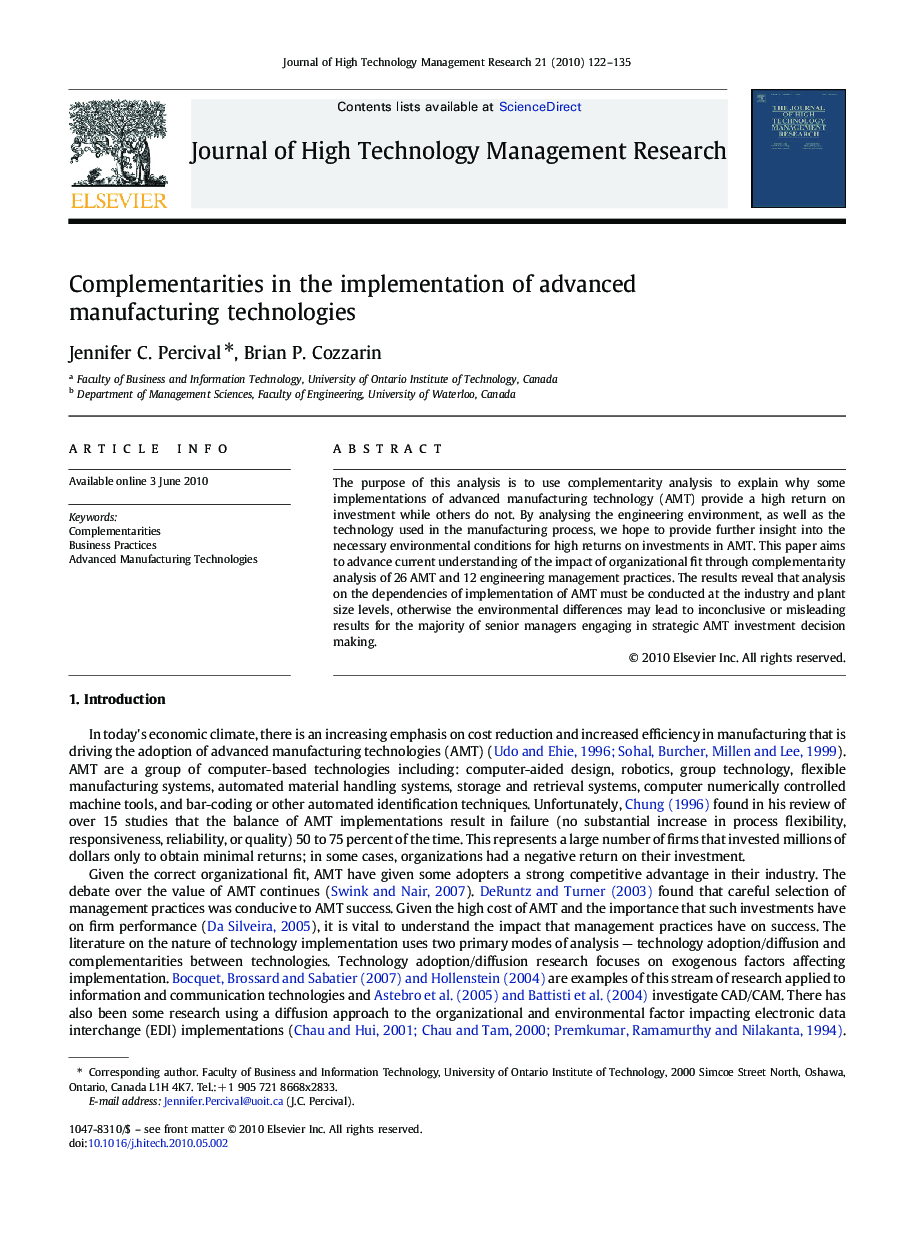 Complementarities in the implementation of advanced manufacturing technologies