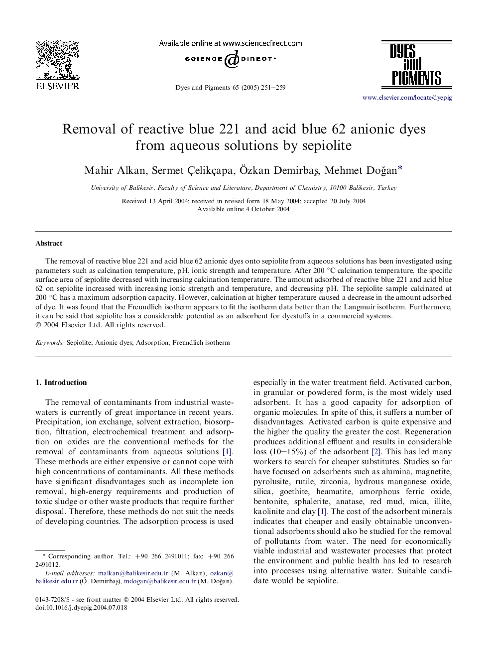 Removal of reactive blue 221 and acid blue 62 anionic dyes from aqueous solutions by sepiolite