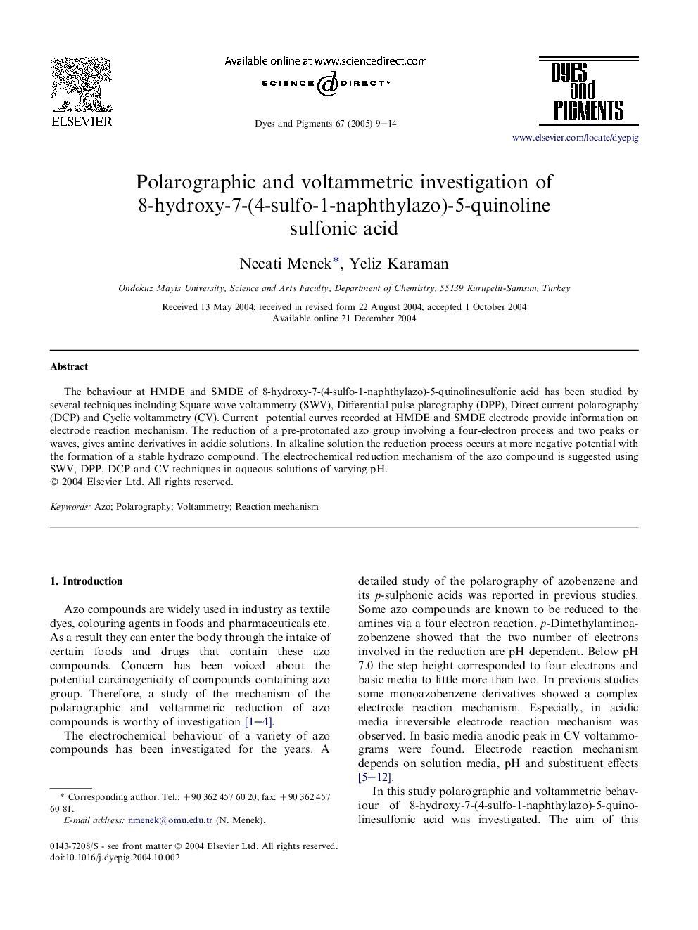 Polarographic and voltammetric investigation of 8-hydroxy-7-(4-sulfo-1-naphthylazo)-5-quinoline sulfonic acid